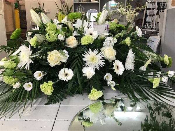 White and Green Coffin Top Posy Pad from Urban Flowers Southport